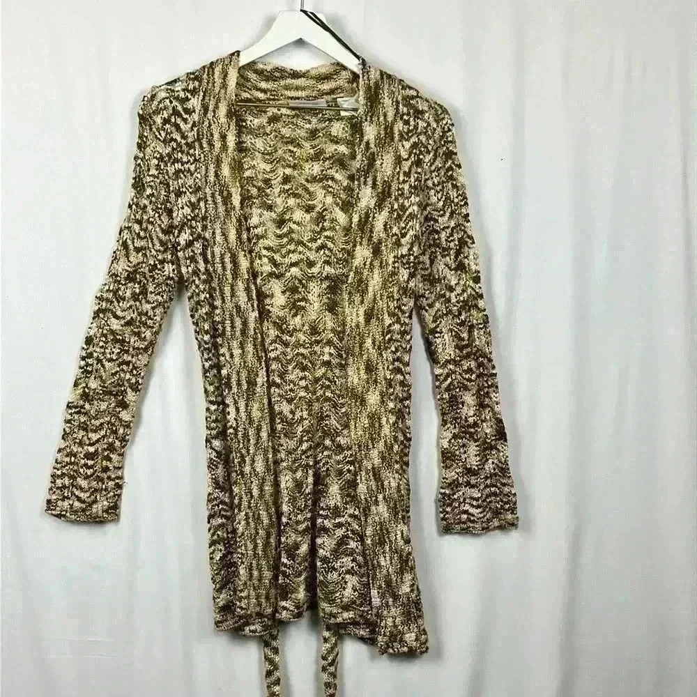 JH Collectibles Open Cardigan Long Loose Knit Brown & White Weave Belt Size S